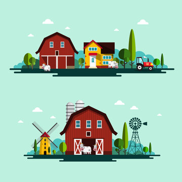 Farm with windmills and barns - vector