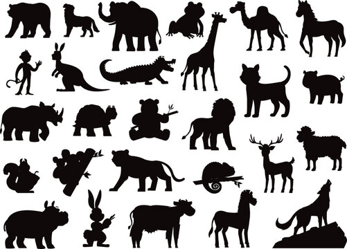 Collection cute wild animal isolated Vector Silhouettes