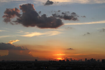 dark gray rainy clouds sky with city background