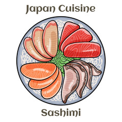 Japanese foods sashimi , raw sliced fish, salmon, tuna, eel.