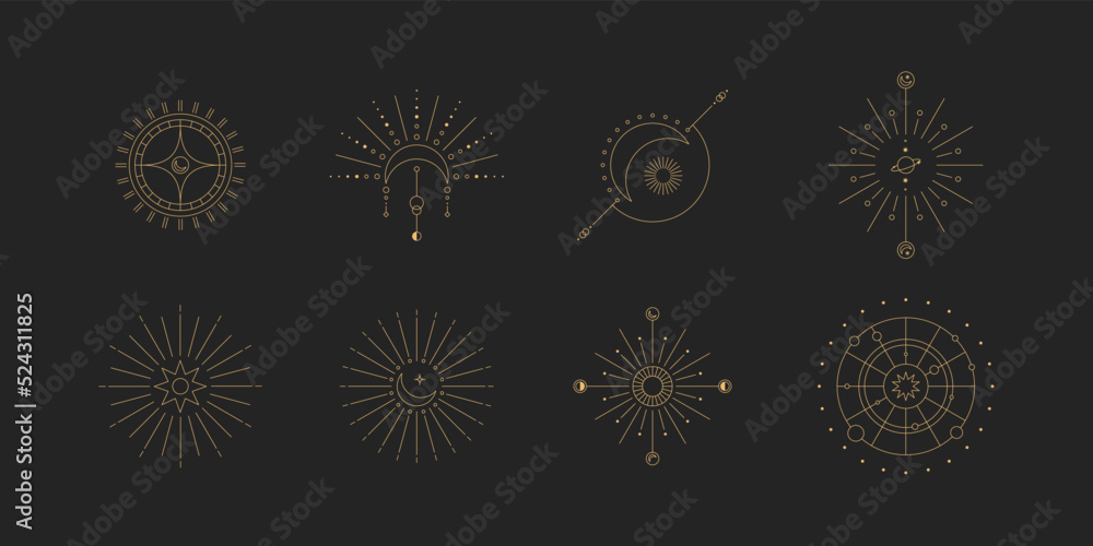 Poster set of moon and sun line art. minimal boho linear symbols. celestial mystic element. vector line art
