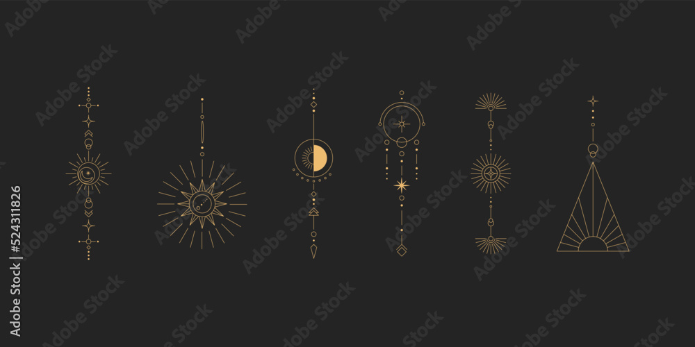 Poster set of moon and sun line art. minimal boho linear symbols. celestial mystic element. vector line art