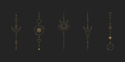 Set of moon and sun line art. Minimal boho linear symbols. Celestial mystic element. Vector line art illustration. © 7AM