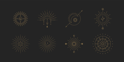 Set of moon and sun line art. Minimal boho linear symbols. Celestial mystic element. Vector line art illustration. © 7AM