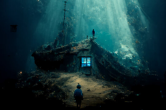 Image surrealistic of shipwreck in deep ocean, Human community houses under the deep sea, man living under the sea with light ray, digital illustration.