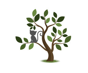 The cat is sitting on a tree. Vector icon.