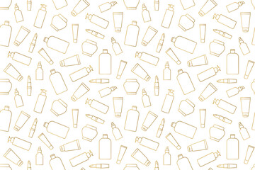 golden seamless pattern with skin care, lipstick, cosmetics outline icons, great for wrapping, textile, wallpaper, greeting card- vector illustration