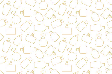 golden seamless pattern with perfume bottles, great for wrapping, textile, wallpaper, greeting card- vector illustration