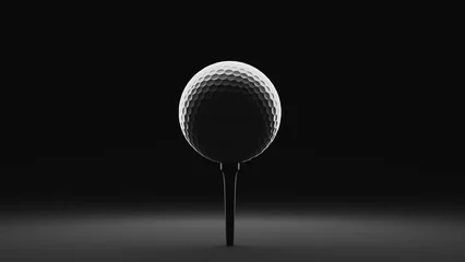 Fotobehang Stylish golf ball on tee on dark background, 3d rendering © Songsak C