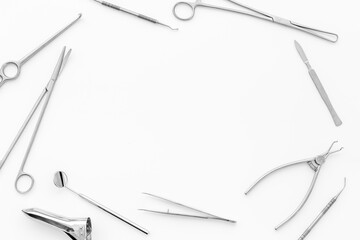 Fototapeta premium Medical steel equipment tools. Dental or surgical instruments
