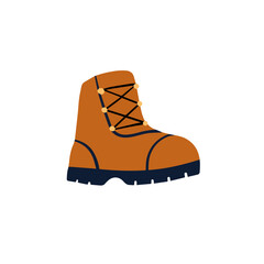 Hiking boots. Sturdy brown leather travel shoes. Traveler clothing item. Doodle cartoon