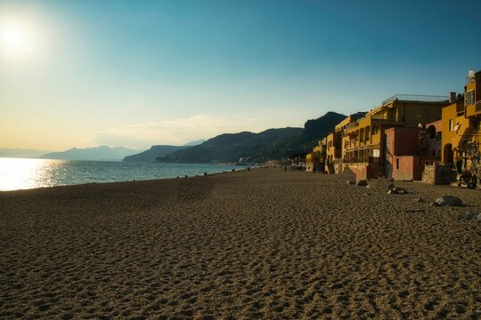 the Etruscan village of Varigotti with its characteristic yellow colored houses photographed along the Mediterranean coast
