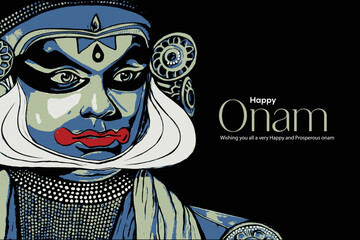 Happy Onam Kathakali dancer Illustration on advertisement and promotion background for Happy Onam festival of South India Kerala