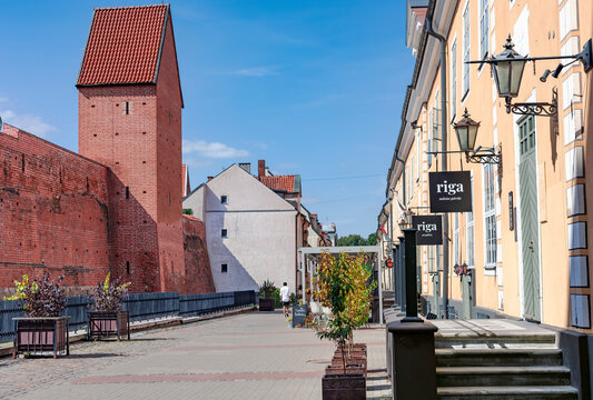 LATVIA, RIGA, AUGUST, 2022: Facades Of Old Famous Jacob`s Barracks On Torna street in Riga Old Town. The Barracks Were Built In 18th Century At Base Of The City Fortifications