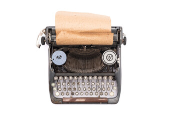 Old retro style typewriter isolated on the white background. Top view.