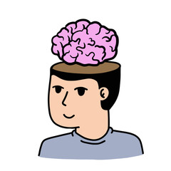 Man with open mind. Concept of knowledge and learning. Brain in empty head. Psychological development. Outline cartoon illustration