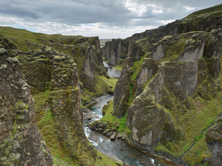 View into Fjaðrárgljúfur gorge, South Iceland.
