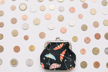 Open wallet with different coins isolated on white background top view