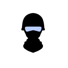 Head of soldier. Modern army uniforms. Helmet and goggles.