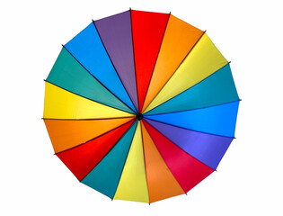 Top of a rainbow covered umbrella on a plain white background. No people.