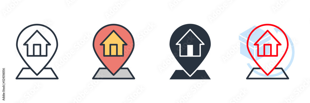 Poster address icon logo vector illustration. map pointer house symbol template for graphic and web design 