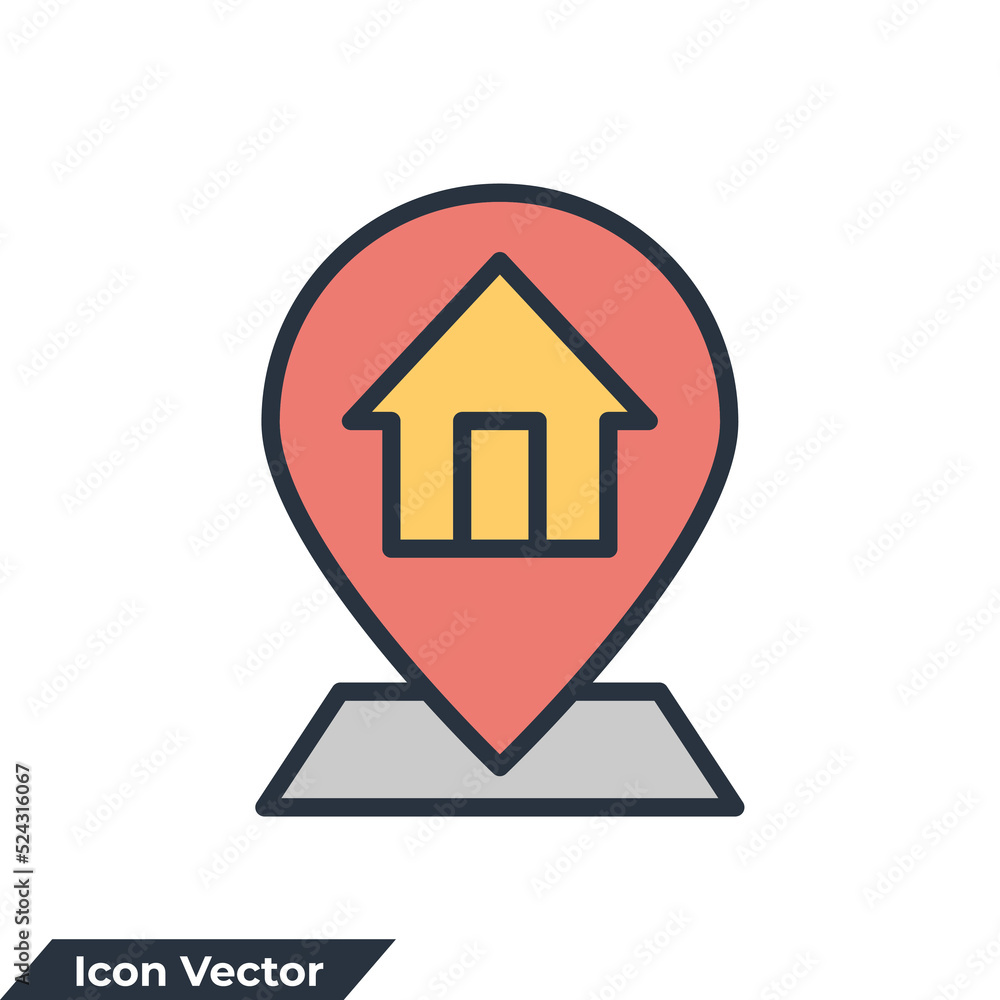 Poster address icon logo vector illustration. map pointer house symbol template for graphic and web design 