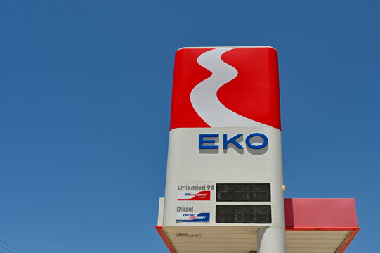 Argostili, Kefalonia, Greece - June 2022: I Sign displaying petrol prices at a petrol station operated by EKO in Argostili