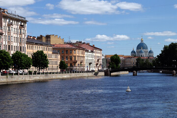 Fontanka river, view on Trinity Cathedral, Saint Petersburg summer day
