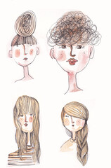 Four characters of a young girls or young missis. Girl with a her hair in a bun, a young woman with curly hair, a child girl with disheveled hair and a girl with hair in the wind.