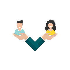 Gender and sexual equality concept. Businessman hand holds man and woman avatars. Balance between male and female. Fair comparison concept.