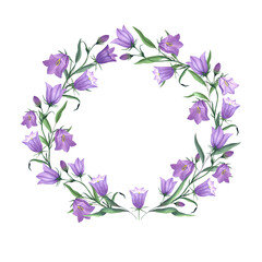  Floral frame, frame of forest bluebells. Watercolor illustration. Plant сampánula.