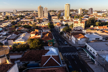 Marilia, Sao Paulo, SP, Brazil, July 30, 2022. Aerial view of buildings, houses and commercial establishments in the central region of Marília
