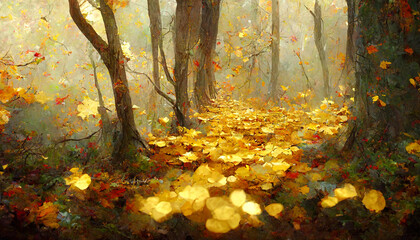 Path in the autumn forest, beautiful scenery, falling leaves