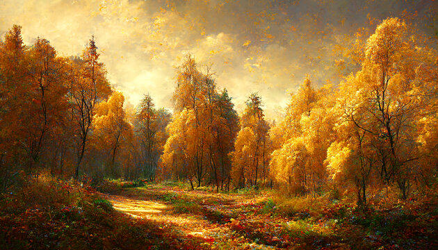 Autumn forest landscape. Beautiful natural background, sunset with golden light