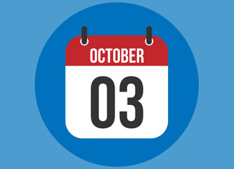 3 October blue calendar vector. Calendar october with circle in background clear.