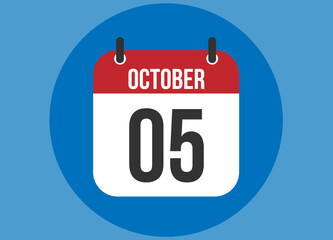 5 October blue calendar vector. Calendar october with circle in background clear.