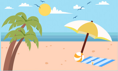 Vector cartoon style background of summer beach with beach umbrella on the sand coast. vector illustration.