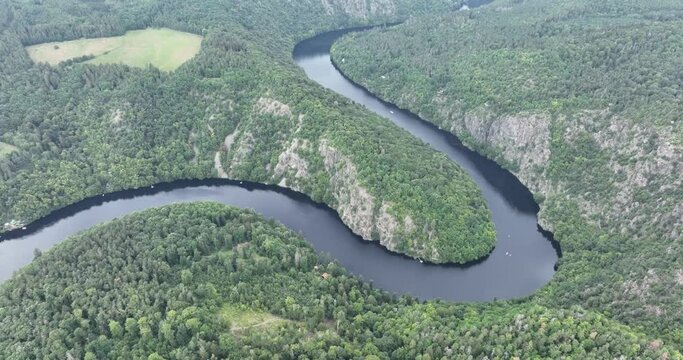 Czechia. Vltava River Aerial View of  Czech Republic, Krnany, Europe. Central Bohemia, Czech Republic. View from Above near Vyhlidka Maj Viewpoint and Orl&iacute;k Dam.