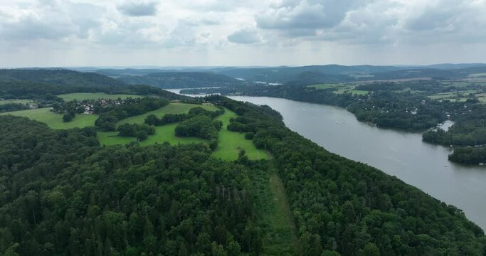 Czechia. Vltava River Aerial View of  Czech Republic, Krnany, Europe. Central Bohemia, Czech Republic. View from Above near Vyhlidka Maj Viewpoint and Orl&iacute;k Dam.