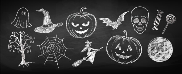 Halloween chalk doodles drawings collection - obrazy, fototapety, plakaty