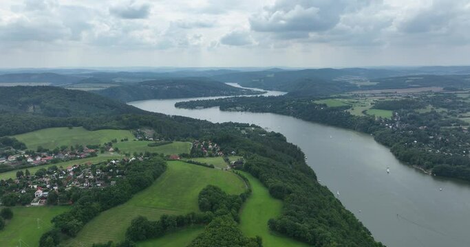 Czechia. Vltava River Aerial View of  Czech Republic, Krnany, Europe. Central Bohemia, Czech Republic. View from Above near Vyhlidka Maj Viewpoint and Orl&iacute;k Dam.