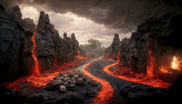 Between the rocks and along them flows the red-hot lava.