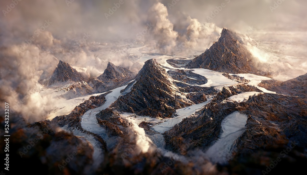 Wall mural The mountain massif is shrouded in snow and clouds.