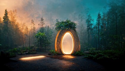 In the center of the forest stands a portal to the netherworld. - obrazy, fototapety, plakaty