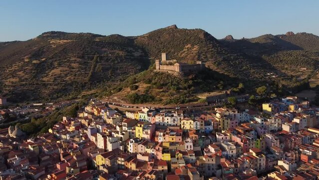 Aerial view of the town of Bosa, from the river to the Malaspina castle
