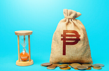 Philippine peso money bag and hourglass. Placing a deposit in the bank. Profitability and return on...