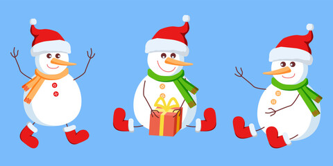 Seamless border of three cute snowmen opening a Christmas present.