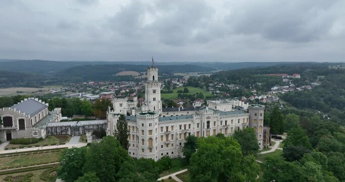 Aerial View of Neo-Gothic Castle Hlubok&aacute; nad Vltavou, Czechia, Europe. 