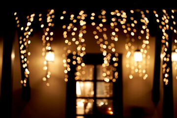 Christmas lights and garlands decorate the path in front of the entrance to the restaurant. The concept of celebrating the new year in the restaurant. High quality photo