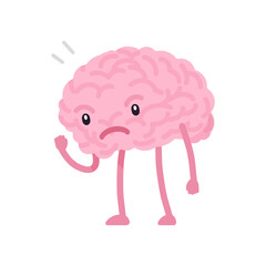 Unhappy human brain cute character angry fist showing pose. Suffer with triggers, losing temper with destructive anger, disappointment and frustration. Vector flat style illustration